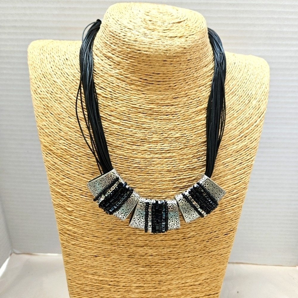 Silver-tone and Black Crystal/Bead Statement Necklace